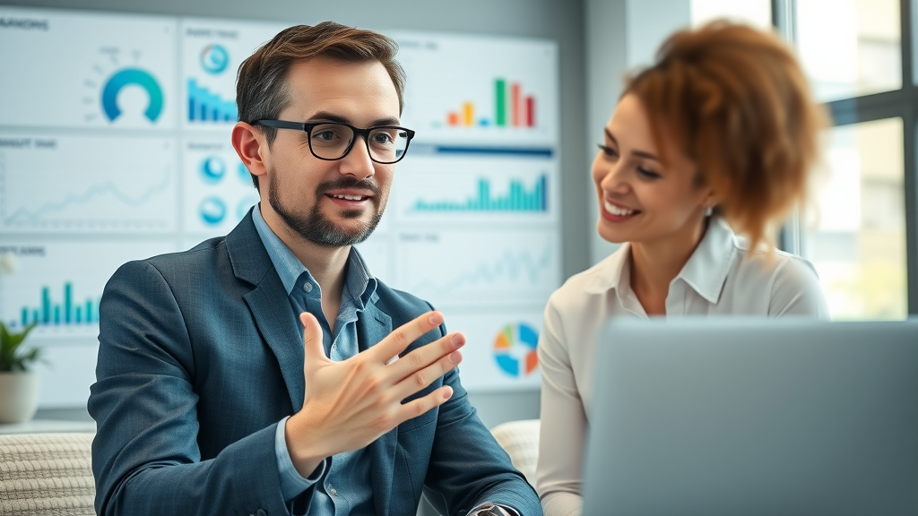 Digital marketing coaching, business professional working with a coach, modern office, digital dashboards, clear visual hierarchy