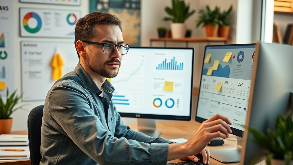 Marketing analyst mapping out KPIs and marketing goals on a digital dashboard