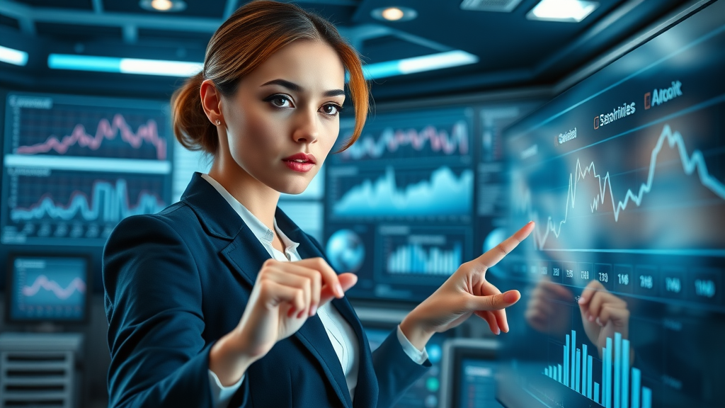 businesswoman using futuristic digital interface to select personalized content options for marketing campaigns