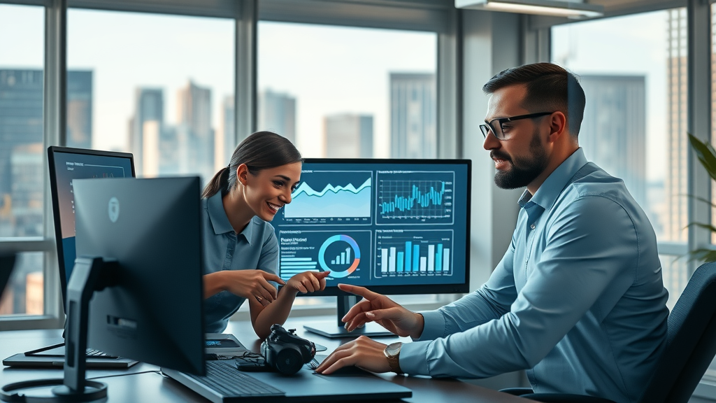 AI and Content Marketing Strategies in a modern small business office with digital dashboards, cityscape background, and virtual AI assistant interactions.