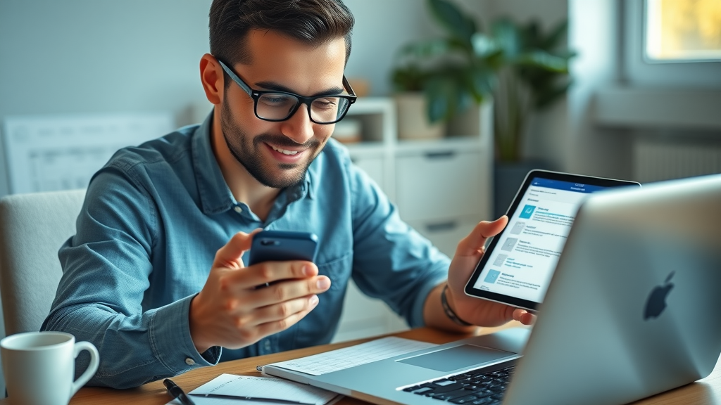 Marketer checking mobile-optimized marketing emails for compliance and design consistency on multiple devices