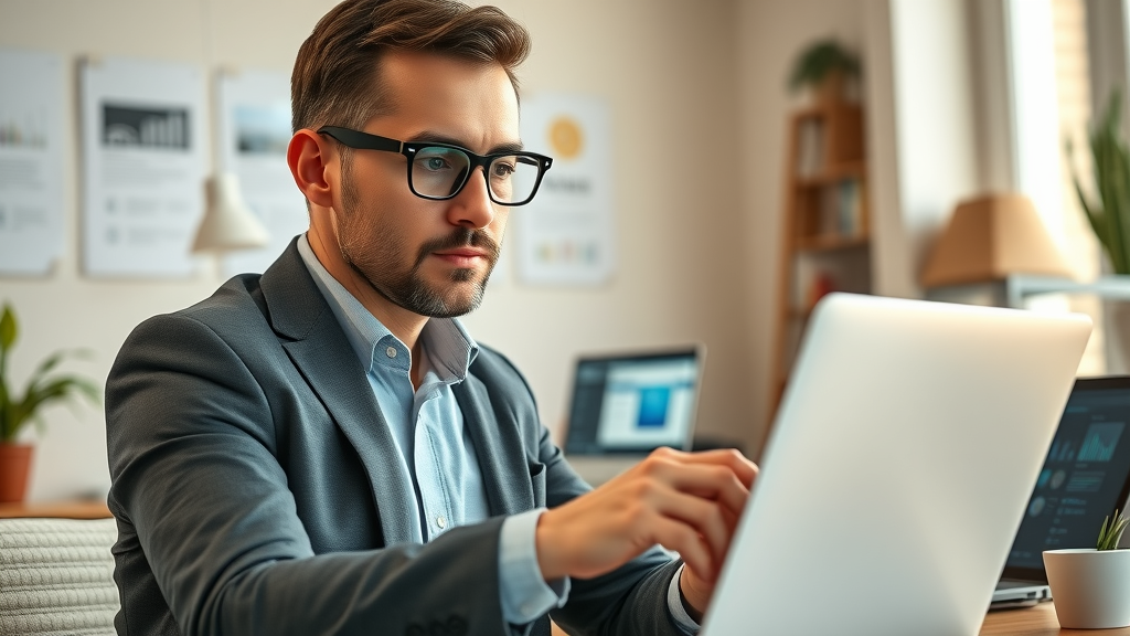 Business professional comparing content marketing tools on a laptop during digital analysis