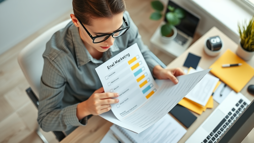 Organized marketer preparing a printable checklist for email marketing campaign planning