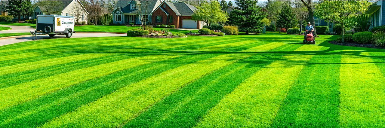 Vibrant residential landscaping services with lush green lawn and professional equipment