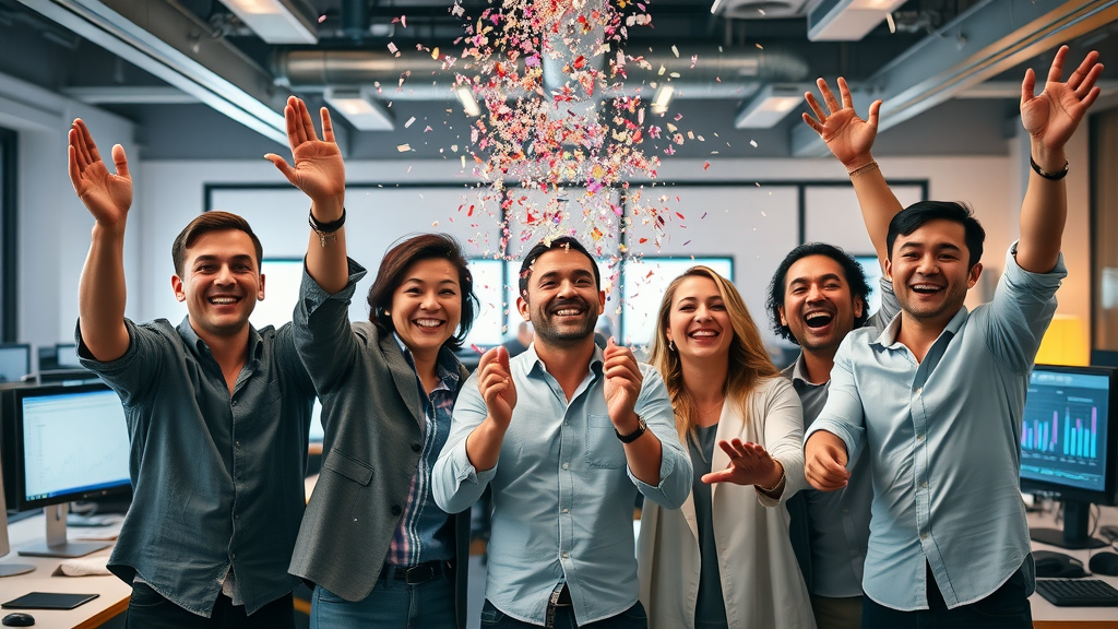 Triumphant SaaS startup team celebrating pipeline growth, success stories with fractional CMO