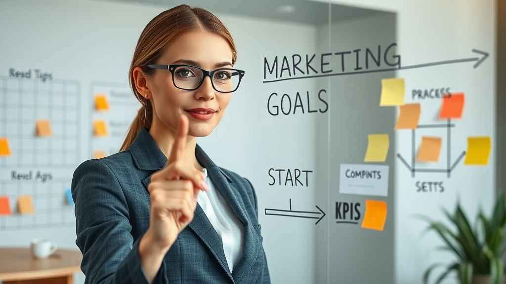 Businesswoman setting measurable social media marketing goals and KPIs on a glass board - marketing strategy, brand awareness, content plan
