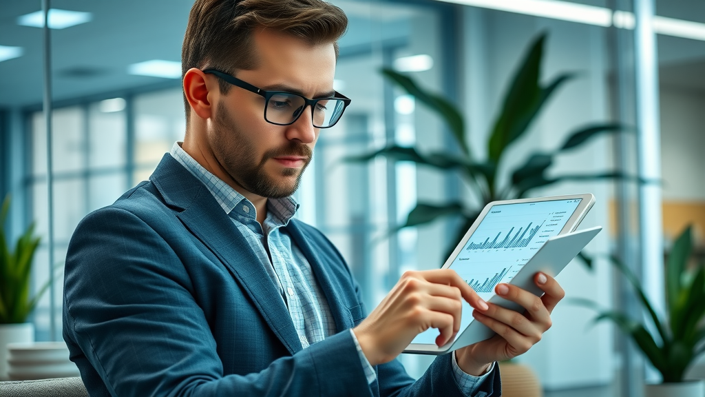 business analyst reviewing marketing KPIs on a tablet in modern workspace, cost-effective marketing strategies