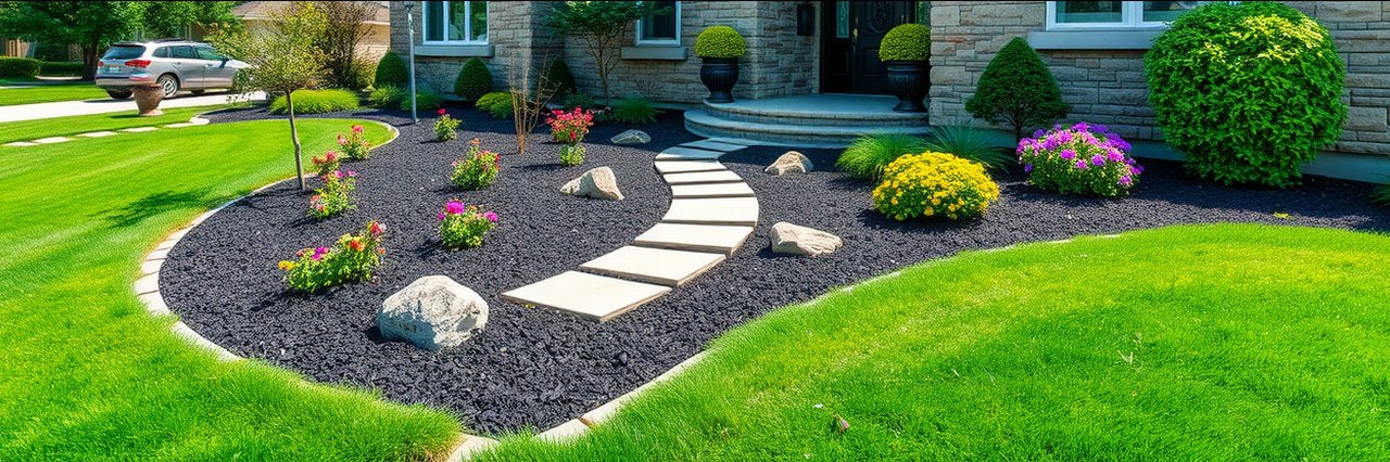 Commercial lawn maintenance with lush grass and fresh flower beds by a stone walkway.