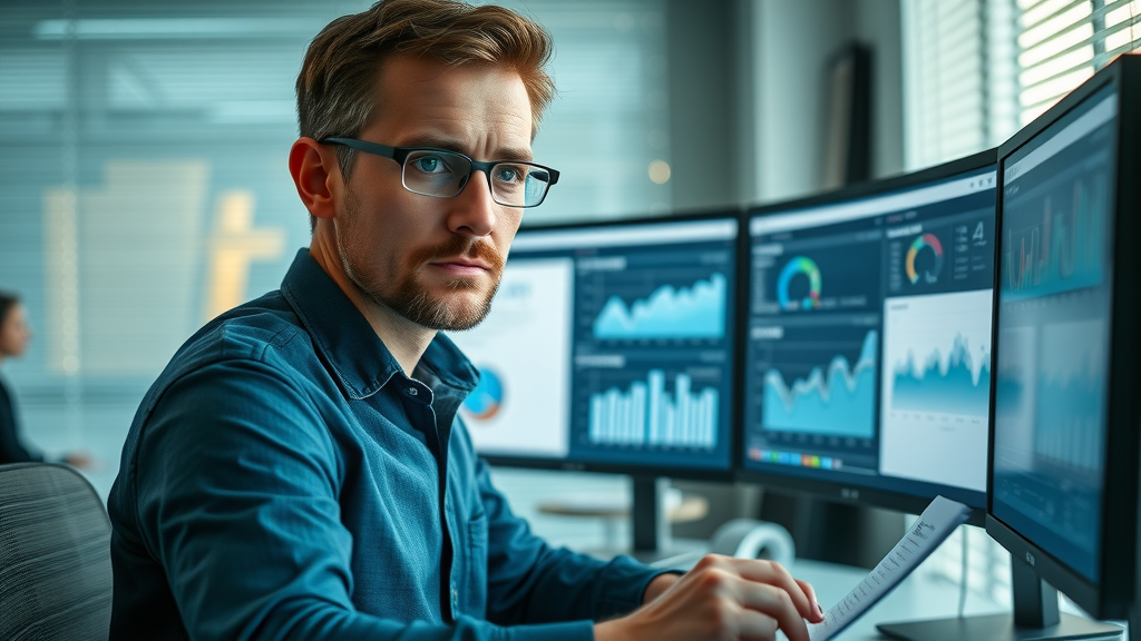 marketing analyst reviewing digital marketing analytics, digital marketing strategy assessment, charts on monitors