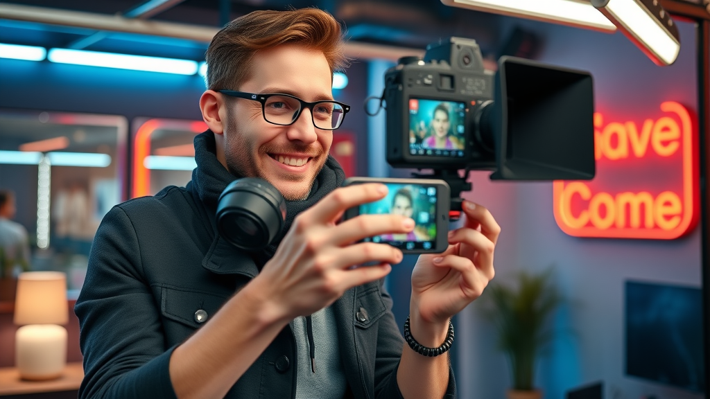 charismatic social media manager filming engaging short video for content marketing in trendy studio