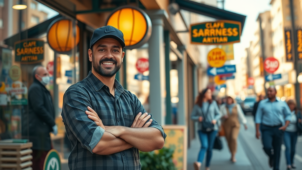 vivid small business storefront with energetic owner and vibrant urban street background, small business marketing