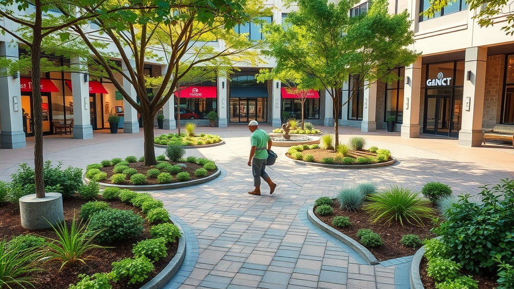 Commercial plaza with thriving landscape maintained by landscaping services