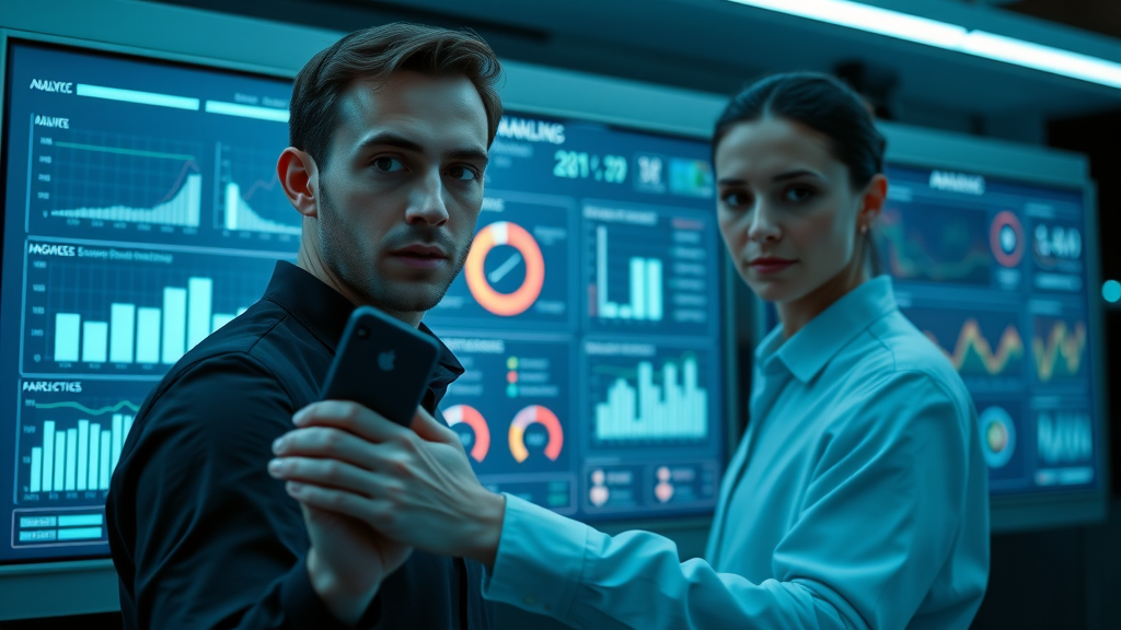 Sleek digital marketing dashboard with analytics comparison charts in a high-tech modern workspace