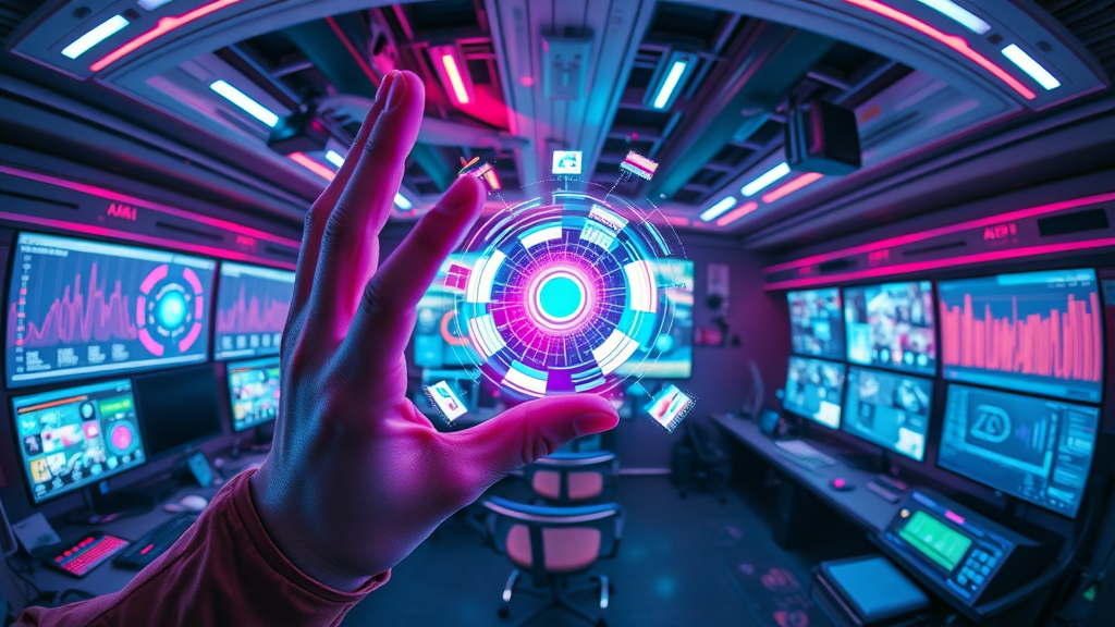 AI interface transforming raw data into creative media in a futuristic marketing lab