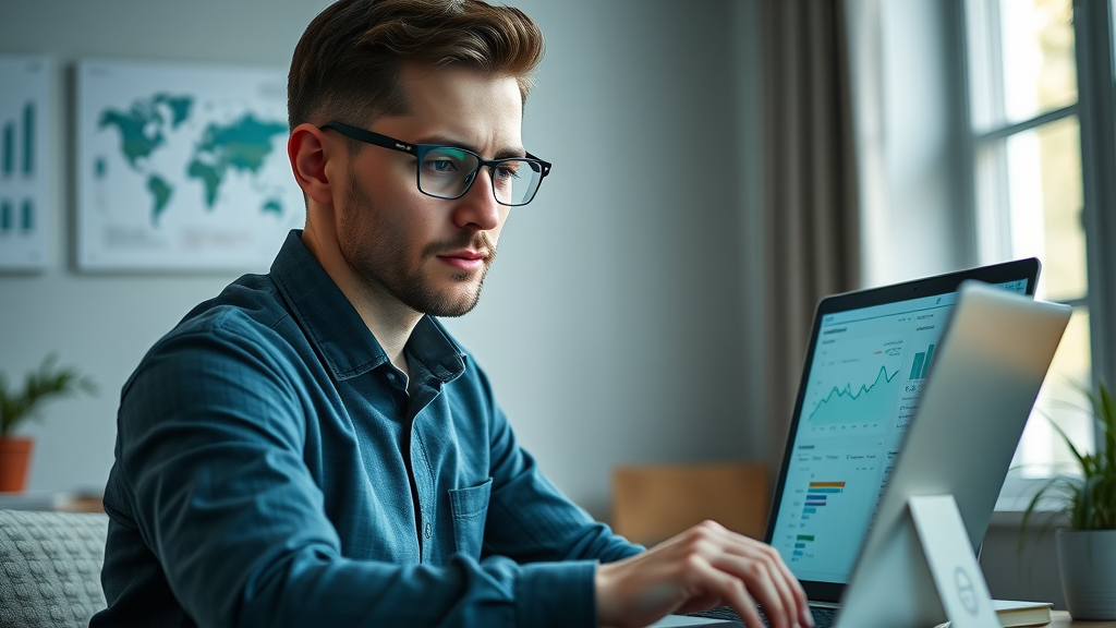 Marketer reviewing generative AI and predictive analytics dashboard for targeted content marketing campaign.