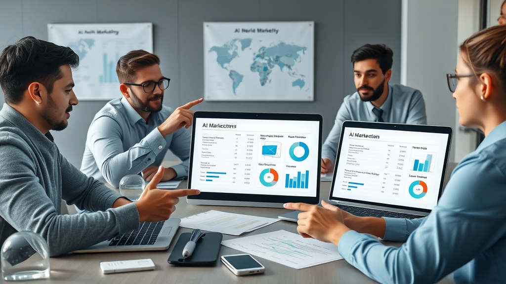 diverse marketing teams comparing artificial intelligence marketing tools features and analytics in a modern workspace