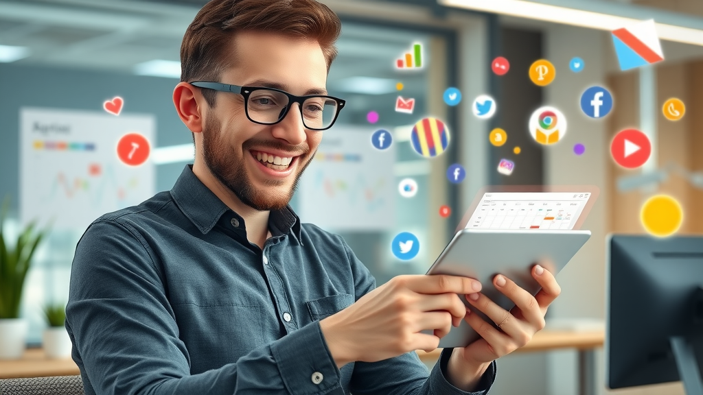 Small business marketing manager using AI tool to schedule social media posts for higher engagement and campaign success.