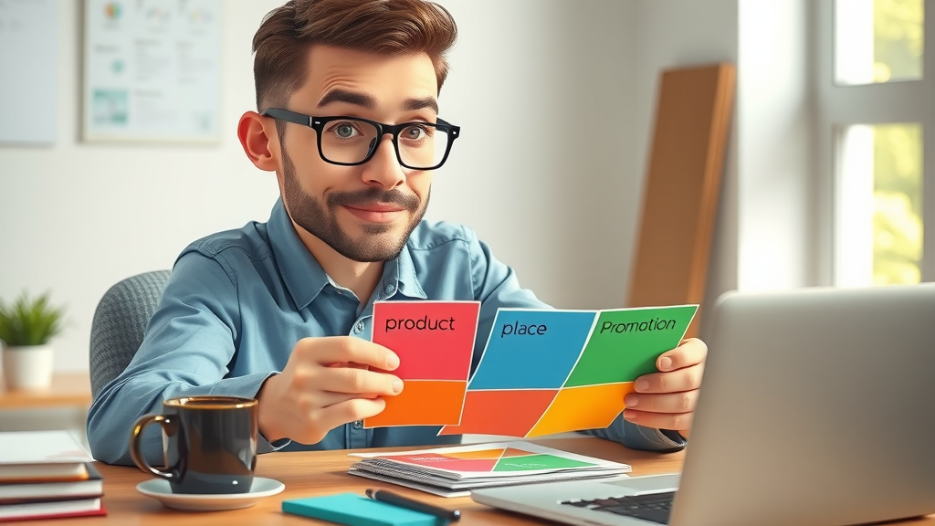 marketer planning product strategy with cards labeled product, price, place, and promotion in an organized workspace