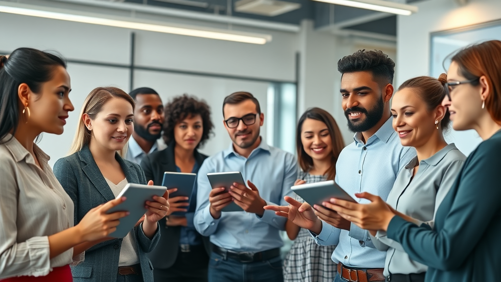 Diverse small business team upskilling in AI tools and content marketing at a modern training workshop.