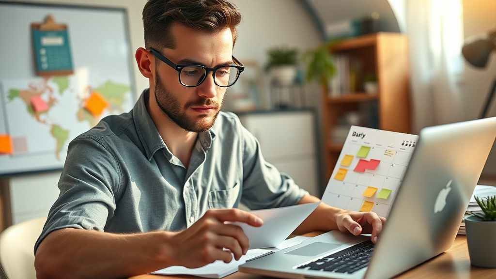 Organized freelancer arranging sticky notes and digital content calendar, content marketing strategy, high fidelity, home office desk