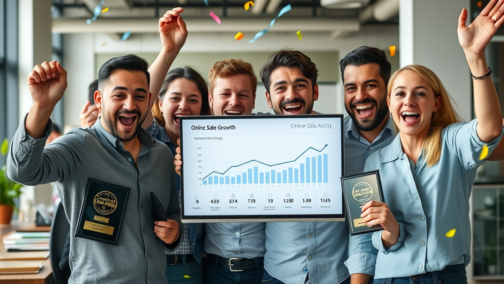 Happy small business team celebrating digital marketing solutions for small business owners with increased online sales
