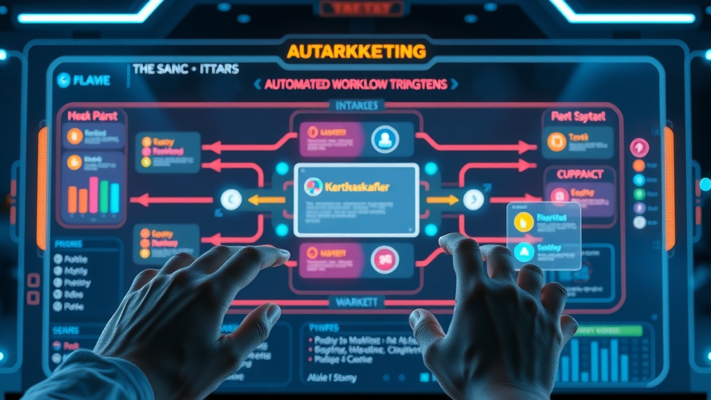 Futuristic marketing platform interface showing automated email marketing campaign workflow triggers with dynamic digital elements