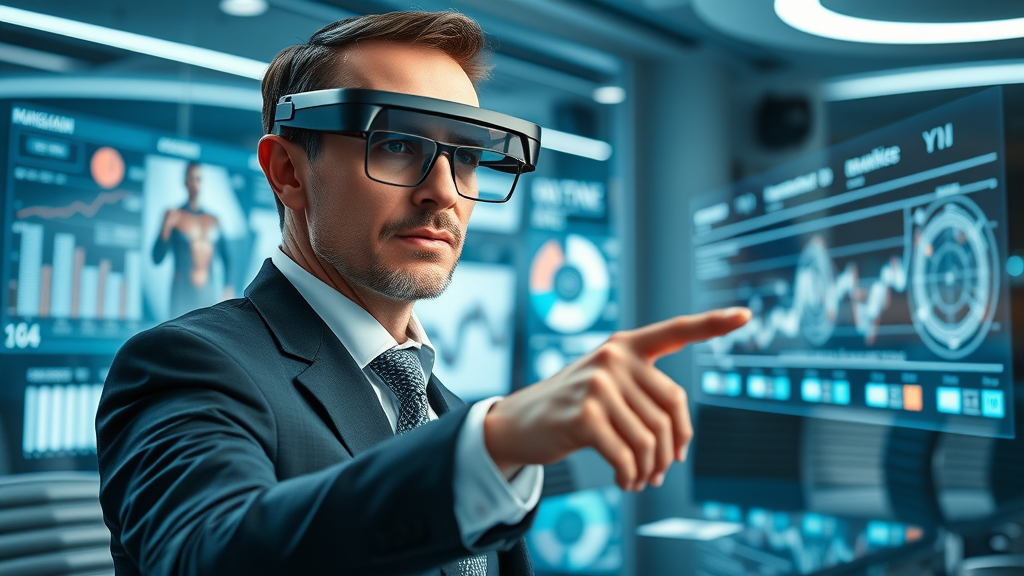 Visionary business leader analyzing future AI and content marketing trends: AR glasses, visual content generation, voice search data.