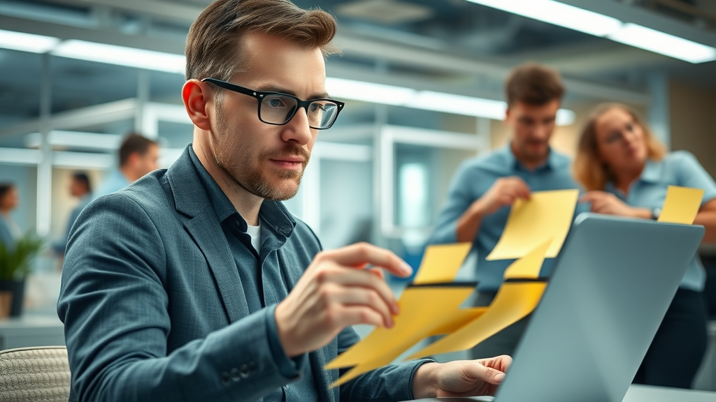 Strategist mapping SEO content plan with sticky notes and laptop, content creation teamwork