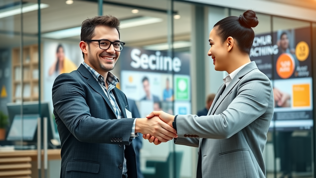 ambitious entrepreneur shaking hands with marketing consultant, affordable cmo services, digital branding background