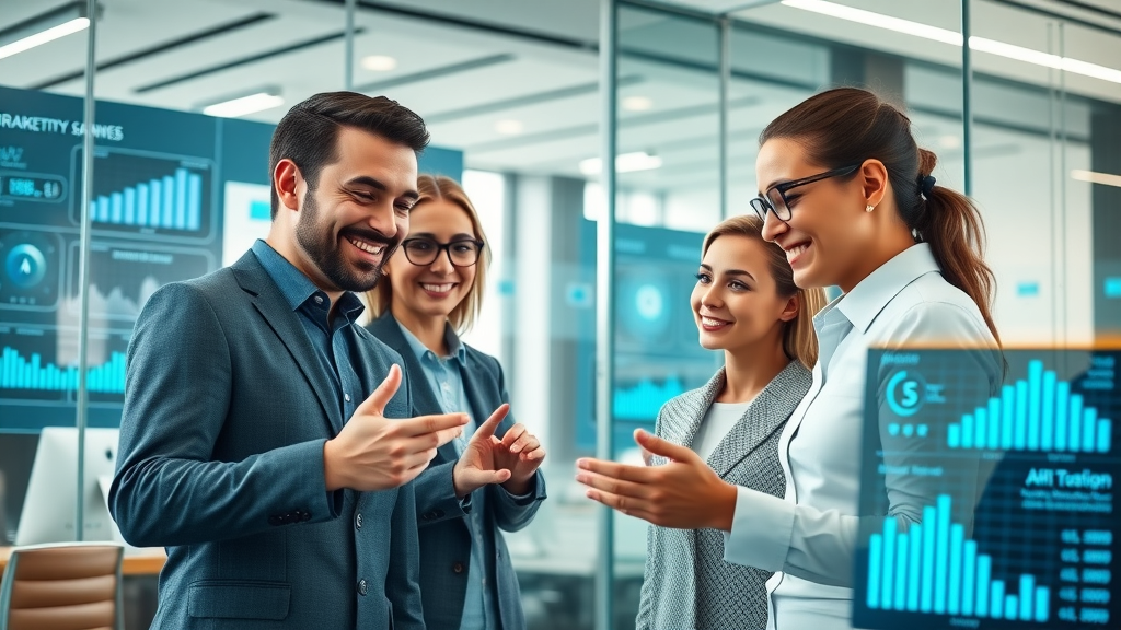 marketing professionals collaborating with AI interface on digital marketing dashboards