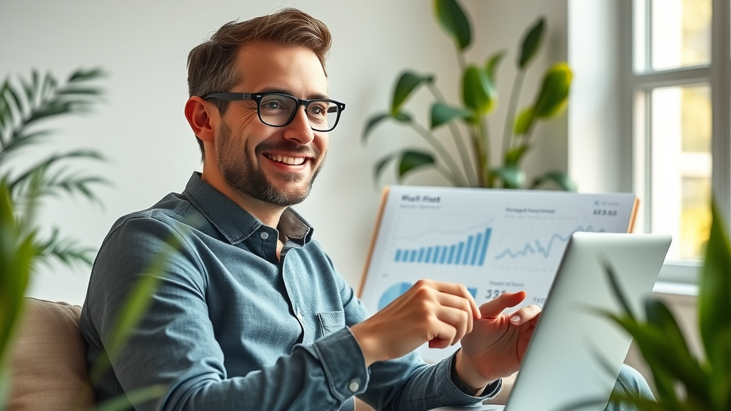 business owner reviewing analytics dashboard positive metrics, affordable cmo services workspace