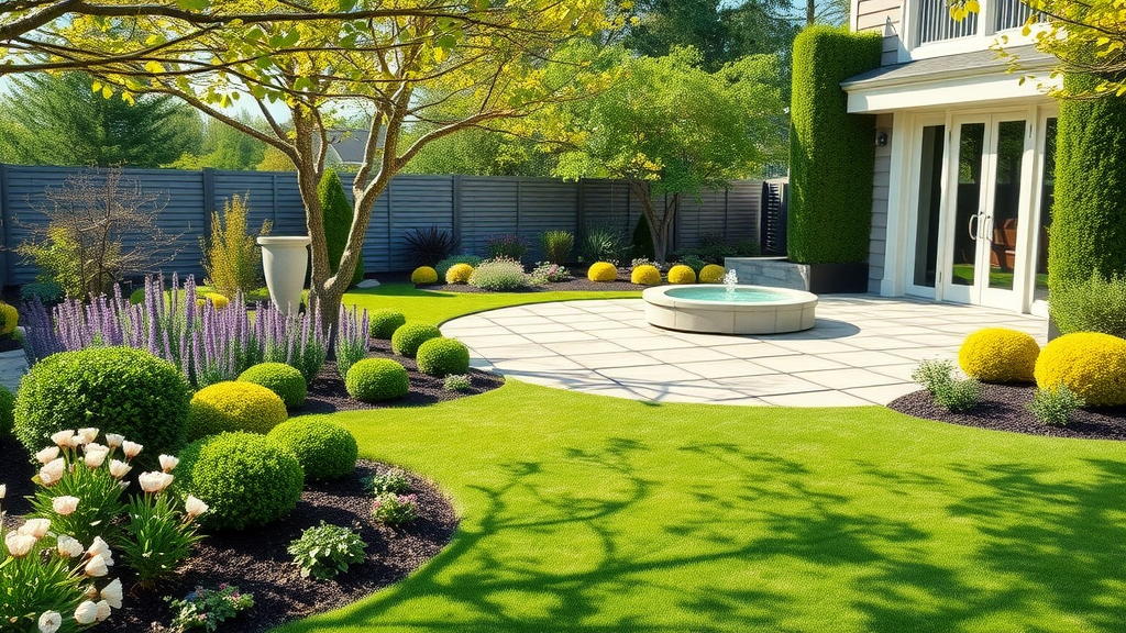 Vibrant landscaped backyard with patio, lush plant beds, and manicured lawn