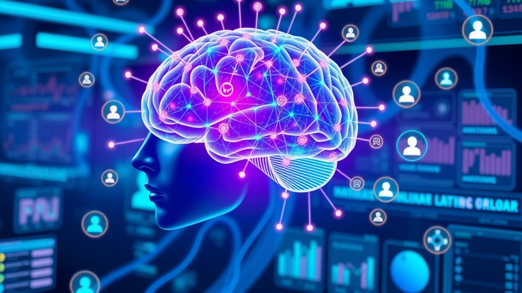 intelligent digital brain integrating marketing strategy and data streams in a futuristic workspace