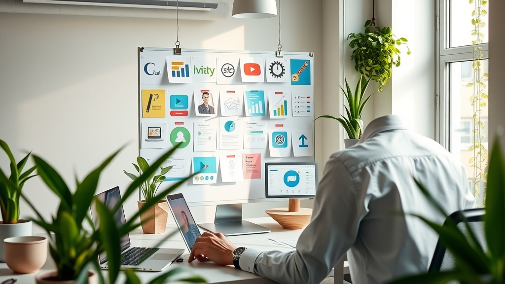 digital marketer organizing a visual board with blog, video, social, and email icons for content types
