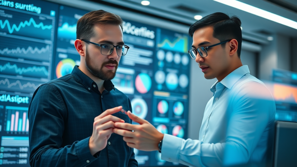 Cutting-edge digital marketing team analyzing AI dashboards for AI-driven content creation