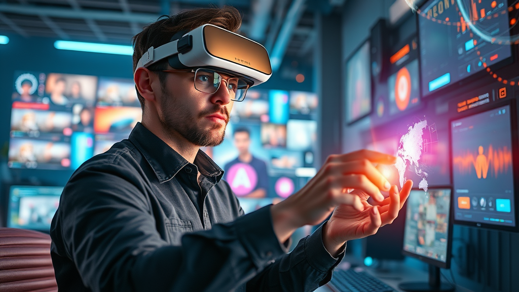 Visionary marketer interacting with advanced AI content generator for machine learning in marketing