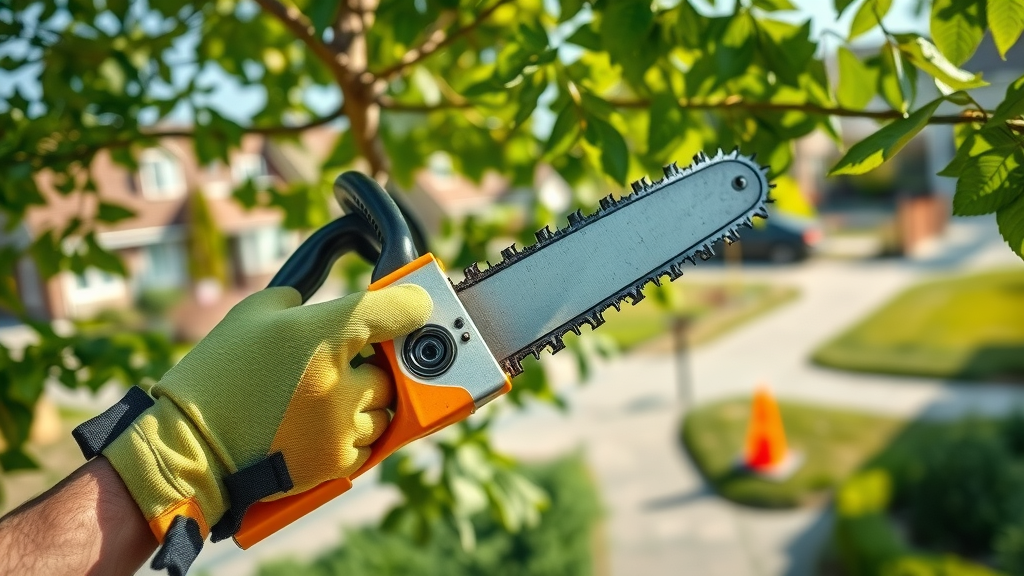 Close-up of professional tree pruning on healthy green suburban canopy