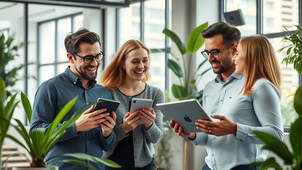 AI in small business marketing: dynamic small business team collaborating with AI-powered digital interfaces