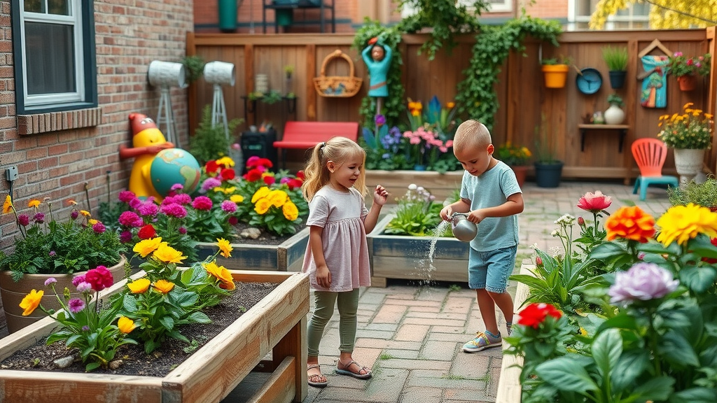 Family creating vibrant garden beds with creative landscape design hacks.
