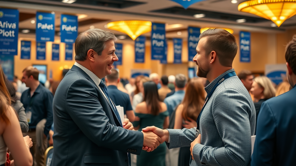 Professional marketer networking with thought leaders and influencers at conference event, content PR for beginners, highly detailed, friendly expressions