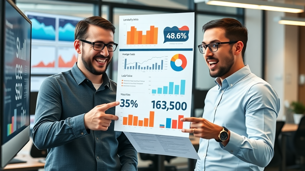 Professional marketers analyzing charts for content marketing tips for beginners, excited expressions, modern office, infographic overlays, high fidelity, bold colors