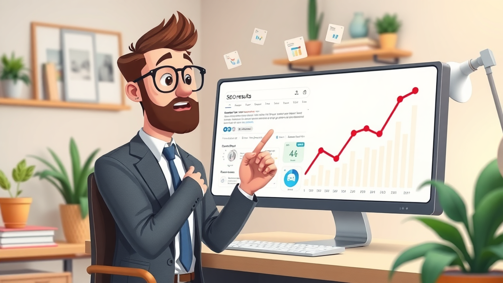 Small business SEO principles and owner with search engine optimization charts