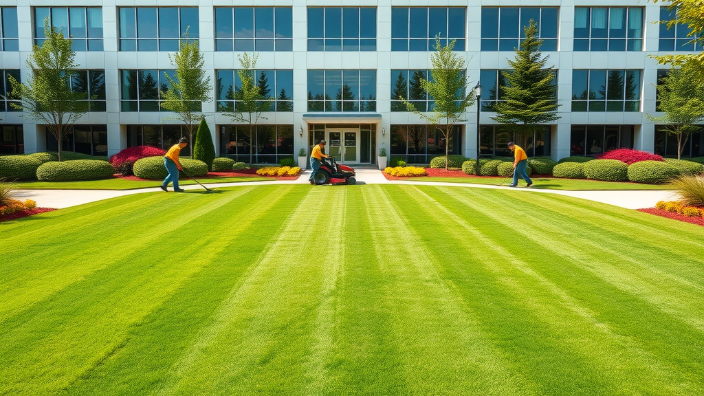 Commercial lawn maintenance team caring for office property with professional results