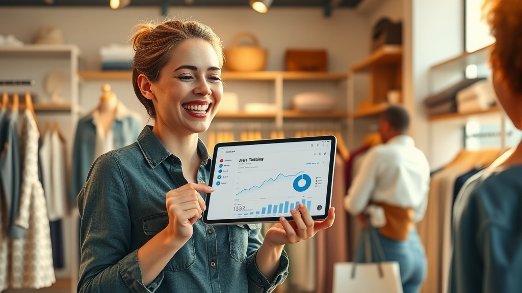 boutique owner celebrating sales milestone with AI dashboard
