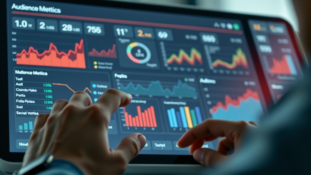 AI-powered content marketing dashboard with interactive analytics, user engaging with touch controls