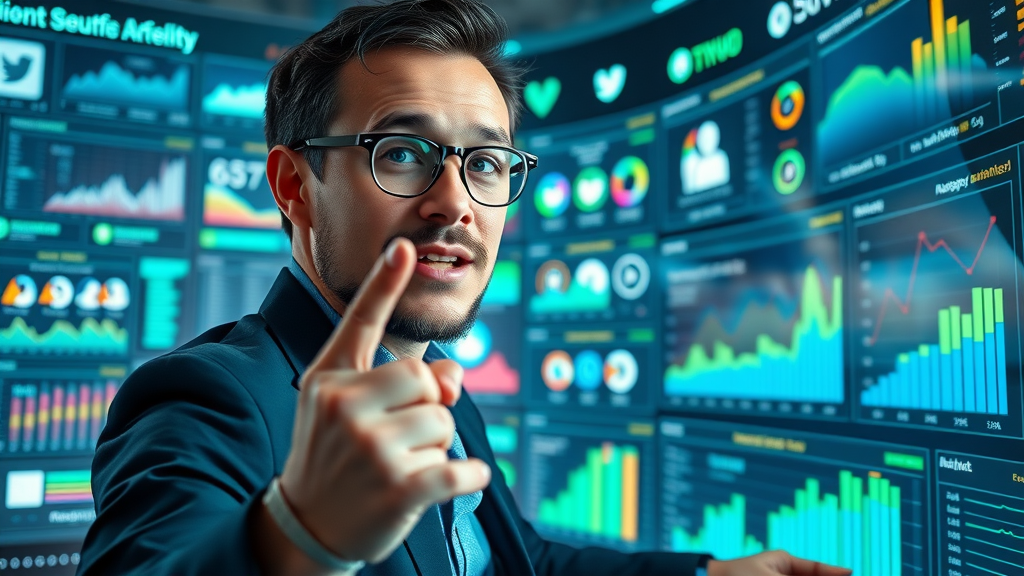 Digital analyst monitoring real-time sentiment trends on social media dashboards using machine learning in marketing