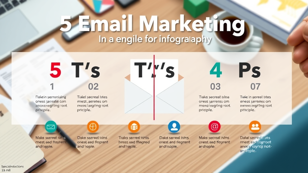 Infographic illustrating the '5 T’s' and '4 P’s' of email marketing as colorful icons and principles