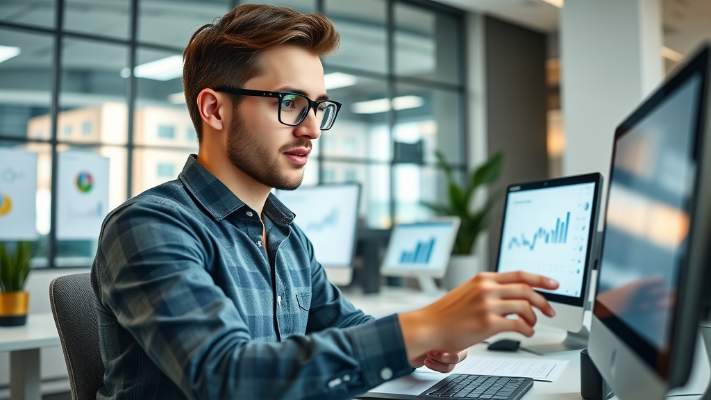Modern workspace for beginner content marketing guide with digital tools, screens, charts, and notes