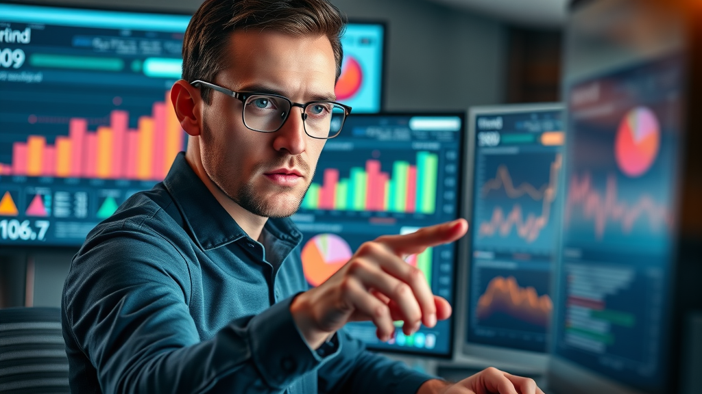 Marketer analyzing SEO keyword research data at dual-monitor workstation