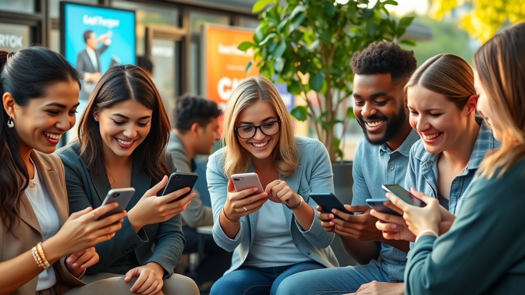 diverse group of users engaging with social media branded content, urban café, target audience social media marketing